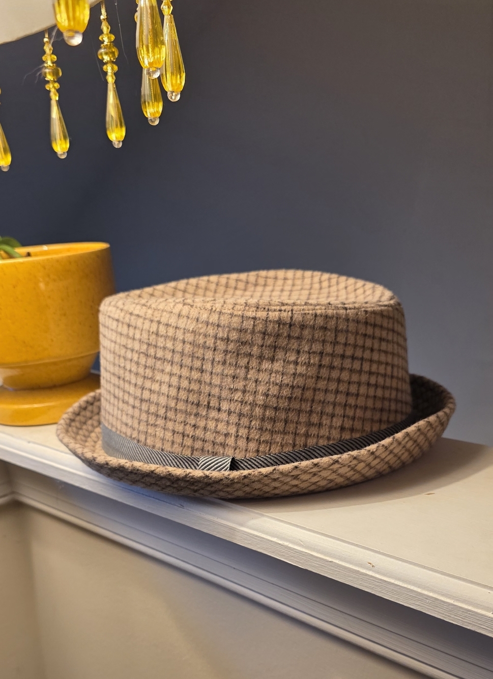 Plaid Wool Fedora Hat in Beige with Gray Band - Picture 2 of 6